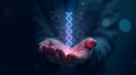 An Dna helix enlarged model in bright colors and spots, Multi Color DNA Structure On Black Backdrop