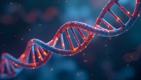 An Dna helix enlarged model in bright colors and spots, Multi Color DNA Structure On Black Backdropの写真素材