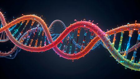 An Dna helix enlarged model in bright colors and spots, Multi Color DNA Structure On Black Backdrop