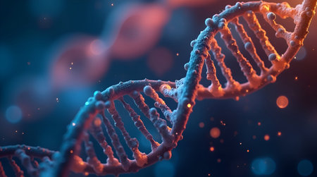 An Dna helix enlarged model in bright colors and spots, Multi Color DNA Structure On Black Backdropの写真素材