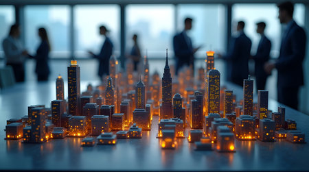 An Business professionals planning a digital smart city model with futuristic technologyの写真素材