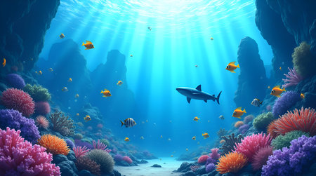A vibrant painting depicting an underwater kingdom filled with a variety of glowing fish swimming gracefullyの写真素材