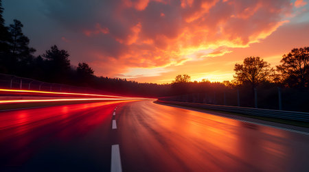 An Sunset Race Track Speed, Thrills, and Dramatic Light Highway Vehicle Road