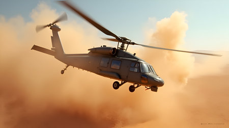 An Helicopter Taking Off in a Desert Dust Cloud, Photo Illustration Image Pictureの写真素材