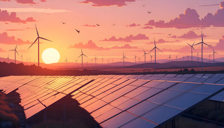 An Vibrant sunset over a field of solar panels and wind turbines, casting a warm glow on renewable...