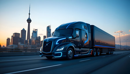 An stylish and strong truck rides along the road against the backdrop of the city of the future ecological city.の写真素材