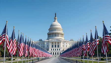 A American flags against the backdrop of the Capitol, official ceremony, Photo Illustration Image...