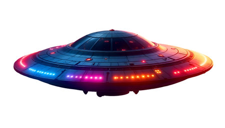 A UFO hover floating over urban metropolis city, Isolate On Transparent Backgroundの写真素材