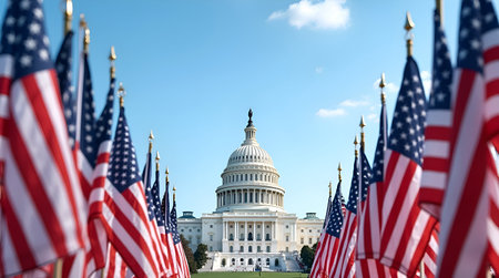 A American flags against the backdrop of the Capitol, official ceremony, Photo Illustration Image Pictureの写真素材