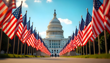 A American flags against the backdrop of the Capitol, official ceremony, Photo Illustration Image Pictureの写真素材