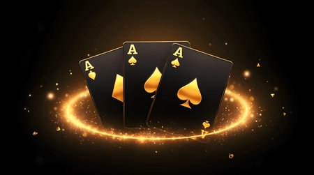 A Creative poker template, background design with golden playing cards and poker chips on a dark...
