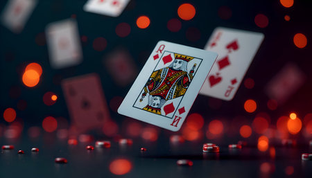 A Playing cards falling in the air with fiery particles and dark background, Photo Illustration Image Pictureの写真素材