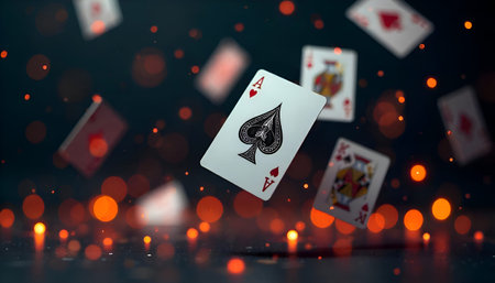 A Playing cards falling in the air with fiery particles and dark background, Photo Illustration...