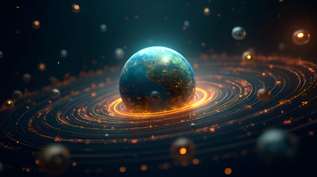 A Cosmic Nexus The Digital Earth Amidst the Celestial Web, Global fintech innovation digital diagram...