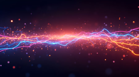 A Ethereal Waves The Dance of Light and Color in Cosmic Harmony, Abstract Light Particle Bokehの写真素材