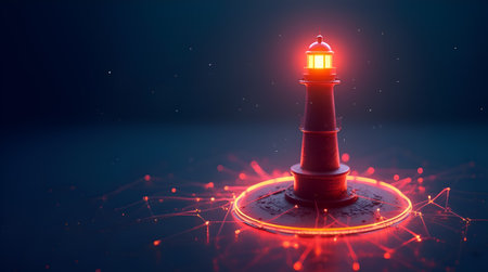 A Beacon of Hope Illuminating the Path through the Unknown, Lighthouse with Glowing Linesの写真素材