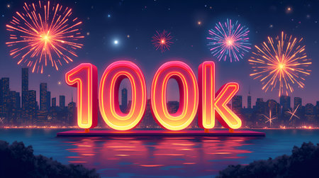 A Celebration of Milestones 100K and Beyond, Neon 100K sign against city skyline with fireworksの写真素材