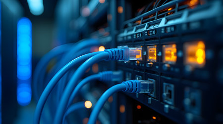 A Close up view of an IT support specialist working in a server room surrounded various networking equipmentの写真素材