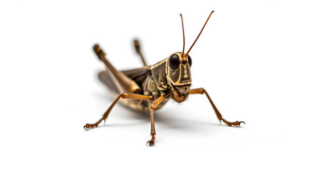 A close up of brown grasshopper with textured legs, isolated on a pristine white background.の写真素材