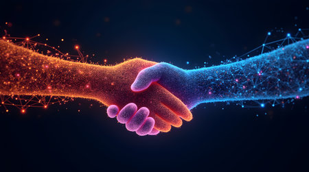 A Handshake digital futuristic style. The concept partnership, Glowing Connections Representing Partnership Collaboration in Modern Technology and Innovationの写真素材