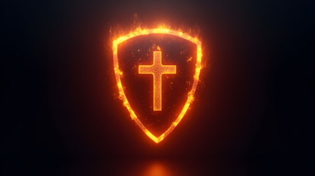 A Digital Shield with Glowing Effects and Cross Symbol Security Digital Defense Safety Concept, Photo Illustration Image Pictureの写真素材