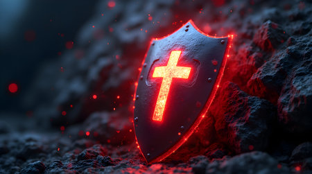 A Shield symbol of protection and safety. Digital security and medieval defense concept, Photo Illustration Image Pictureの写真素材