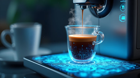 A futuristic coffee machine displaying a digital interface, with a holographic cup of steaming coffee, Photo Illustration Image Pictureの写真素材