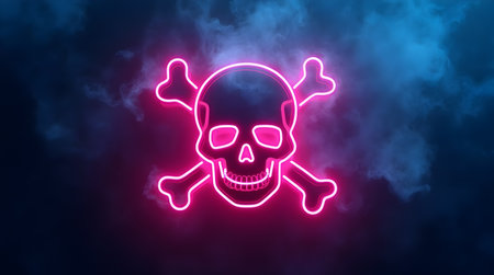 A Neon pink skull and crossbones with smoke in dark background. Futuristic art concept, Photo Illustration Image Pictureの写真素材