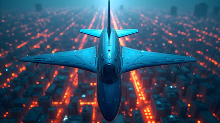 A Futuristic digital representation of air traffic control with glowing blue circuits airplane, Photo Illustration Image Picture Photographyの写真素材