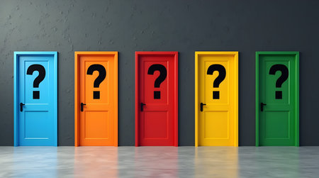 A Colorful doors with question marks representing the challenging decision making process of...
