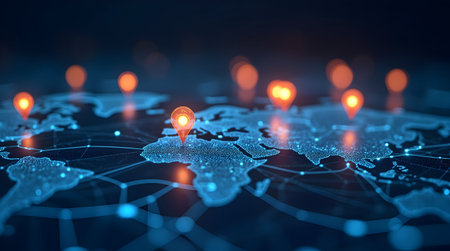 A Digital map with glowing location pins, futuristic technology, network connections, Photo...