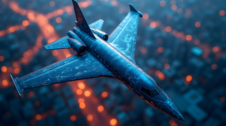 A Futuristic digital representation of air traffic control with glowing blue circuits airplane, Photo Illustration Image Picture Photographyの写真素材