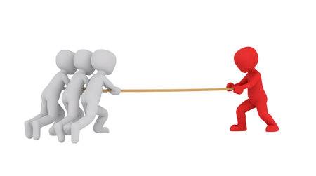 A many 3d humans pull a rope to opposite directions,