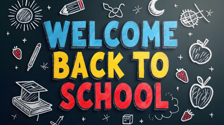 A Chalkboard Message chalkboard with Welcome Back to School written in colorful chalk, Photo...