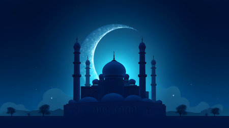 A Ramadan Kareem greeting. Islamic city with mosque skyline, crescent moon and stars. End of fasting. Eid al Adha, Eid Mubarak, Eid al-Fitr, Ramadan Concept,の写真素材