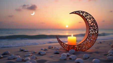 A Traditional Candle light with Crescent moon shape on the beach, Ramadan Kareem, Eid al Adha, Eid Mubarak, Eid al-Fitr, Ramadan Concept,の写真素材