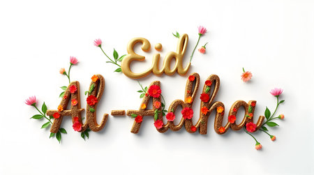 A Eid Mubarak floral text design, covered with colorful flowers isolated on white background, Eid al...