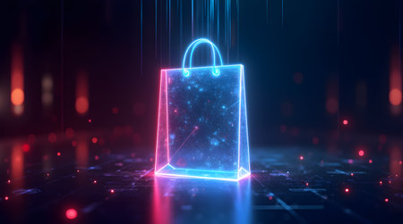 A glowing neon shopping bag sits on a futuristic digital surface. Online shopping is the future, Photo Illustration Image Picture Photographyの写真素材