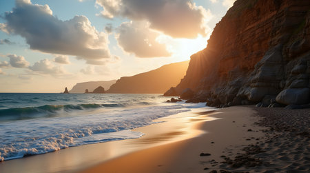 A Cliffs at Sunset with Ocean Waves in a Rugged Landscape, Photo Illustration Image Picture Photographyの写真素材