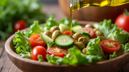 A Golden olive oil being poured over a fresh vegetable salad with cherry tomatoes and cucumbers in warm light. Photo Illustration Image Picture Photographyの写真素材