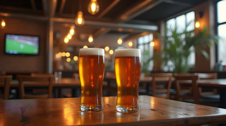 A Two cold beers on a wooden table in a cozy bar with a television showing a soccer game in the background. Photo Illustration Image Picture Photographyの写真素材