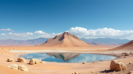 A Stunning Desert Mountain Reflection Under Clear Blue Sky, Photo Illustration Image Picture Photographyの写真素材
