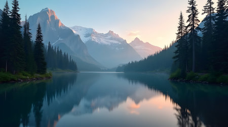 A sunset over the mountain lakeの写真素材