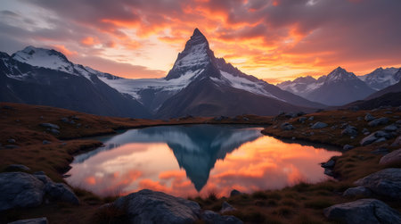 A sunset in the mountains at a calm lake that creates a perfect reflection, Photo Illustration Image Picture Photographyの写真素材