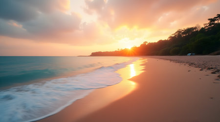 A Sunset The Ocean Waves Against Sandy Beach With Trees, Photo Illustration Image Picture Photographyの写真素材