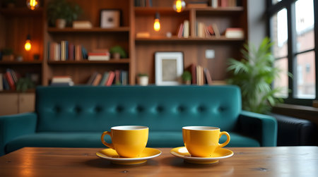 A Two yellow cups of coffee or tea on table in a bookshop in vintage style. Photo Illustration Image Picture Photographyの写真素材