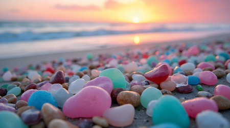 Colorful gemstones on a beach. Polish textured sea glass and stones on the seashore. Green.の写真素材