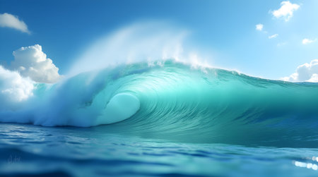 A large wave crashes in the ocean on a sunny day