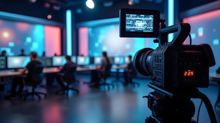A Recording an interview on camera in a television studio with a blurred background, Photo Image Picture Photographyの写真素材
