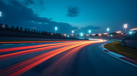 A High speed race track at night, beautifully vibrant, colorful light trails that create a sense of motion and speed.の写真素材